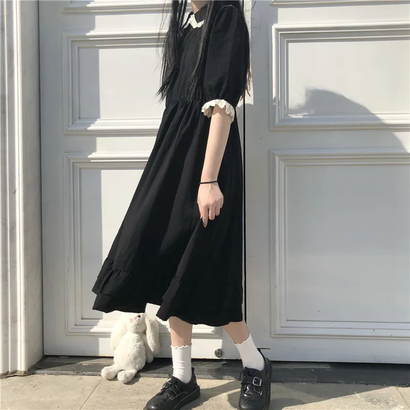 

Japanese College Style Summer Dress Sweet Peter Pan Collar Kawaii Lace Ruffles Dress Short Sleeve Mori Girl Black Woman Dress