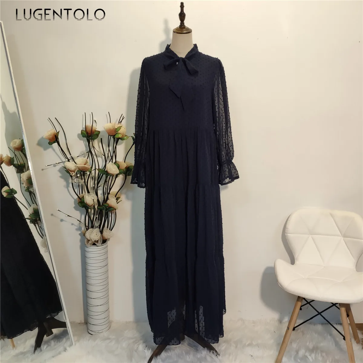 

Lugentolo Women's Elegant Dress 2020 Long-Sleeve Bow Small Hairball Fashion Muslim Big Swing Dress Lady Loose Casual Dresses