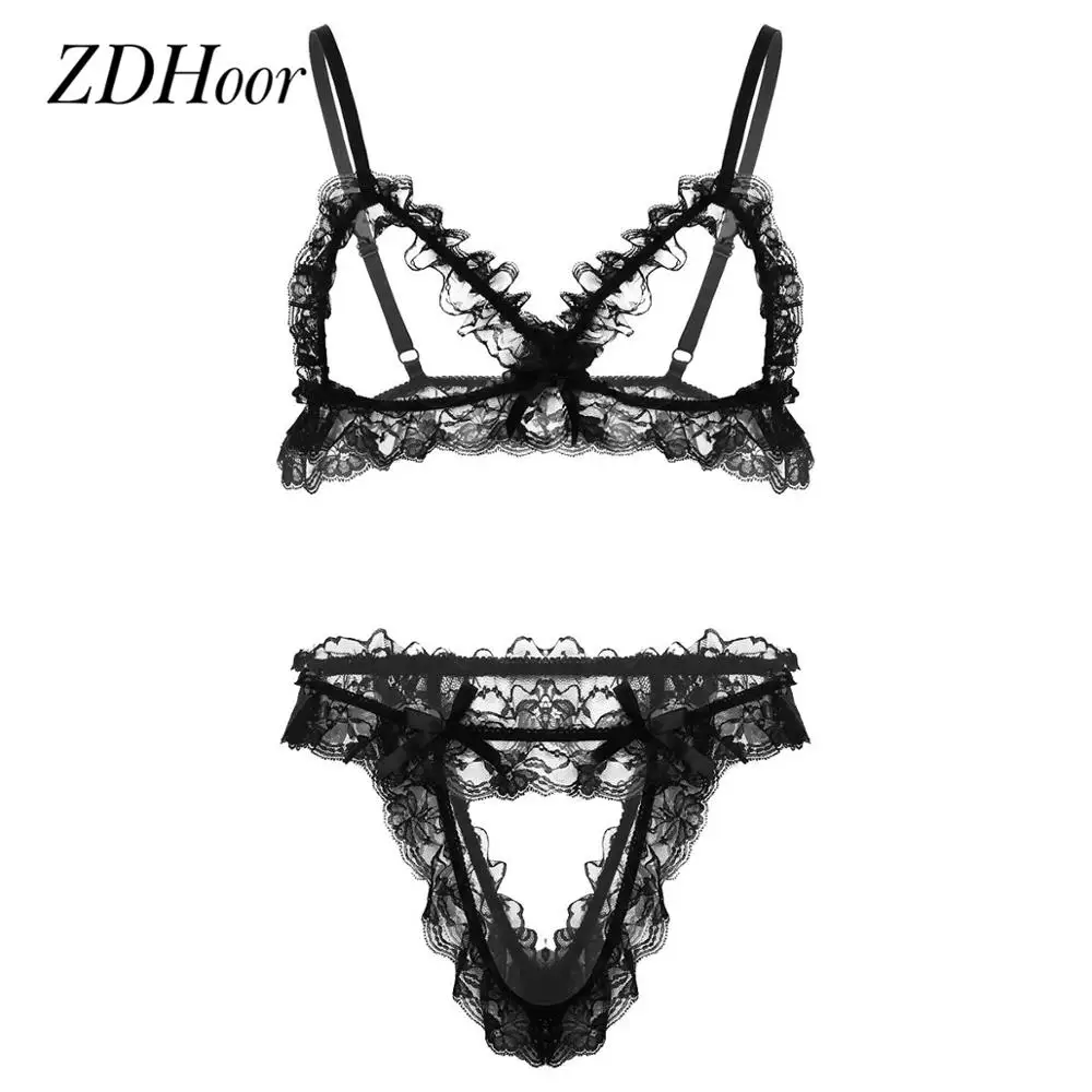 Мужской кружевной комплект нижнего белья с рюшами и открытые чашечки