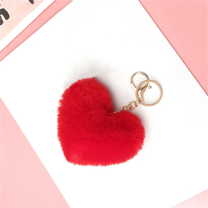 

Girl Bag Hang Car Key Ring Pendant Lovely Heart Keychains Women's Pom Poms Faux Rex Rabbit Fur Key Chains Bag Accessories