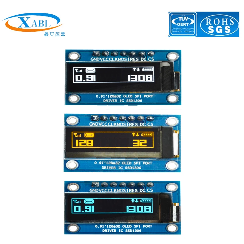 

XABL 0.91 Inch OLED Module Resolution 128*32P OLED Display Module SS1306 SPI PM material IIC 7Pin Factory Custom Size