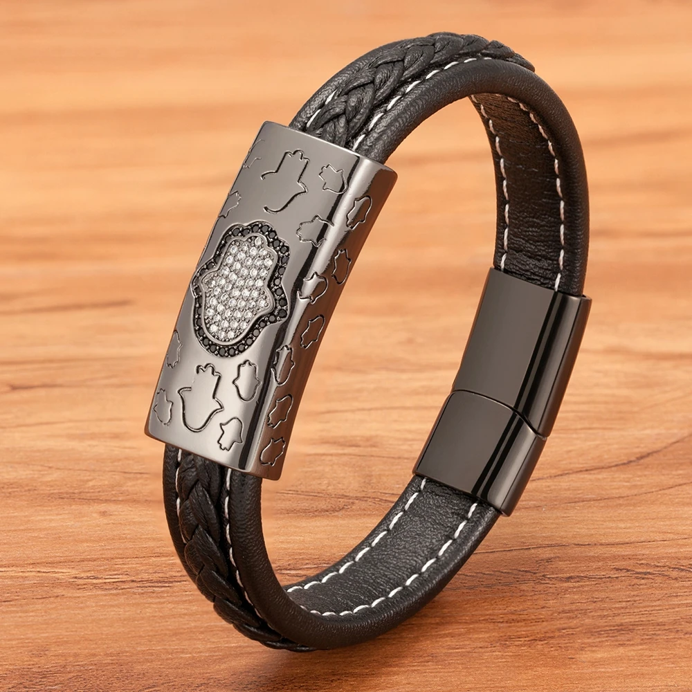 

XQNI Stainless Steel Leather Men Bracelet Palm Pattern With Cubic Zirconia Combination Accessory Luxury Birthday Gift Discount