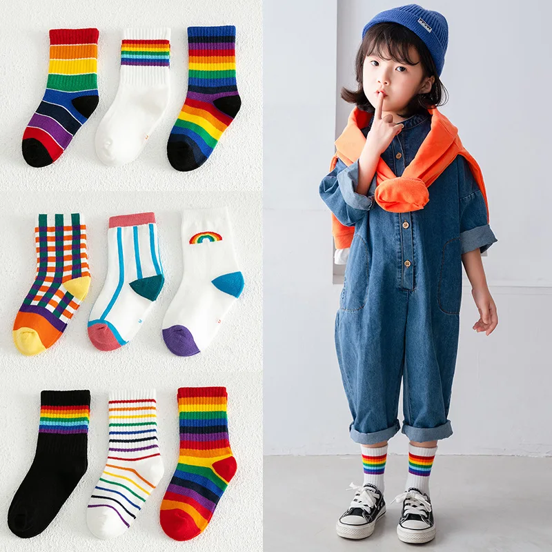 3 Pairs/Pack Autumn Winter New Children's Socks Boys And Girls Rainbow Striped In Tube Tide Socks Baby Kids Cotton Sport Socks