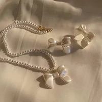korean 3d bow knot pearl necklace earrings wild glitter white fritillary color female wedding clavicle chain sweet girls jewelry