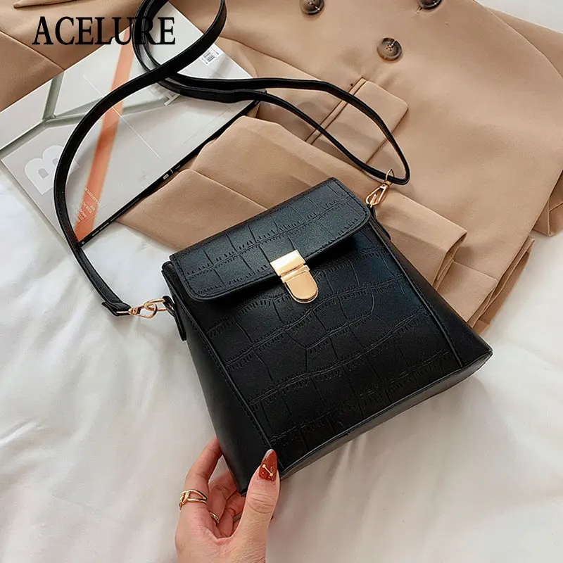 

ACELURE Female Fashion Shopping Purse Ladies Handbags Alligator PU Leather Shoulder Bags for Women Solid Color Small Bucket Bags