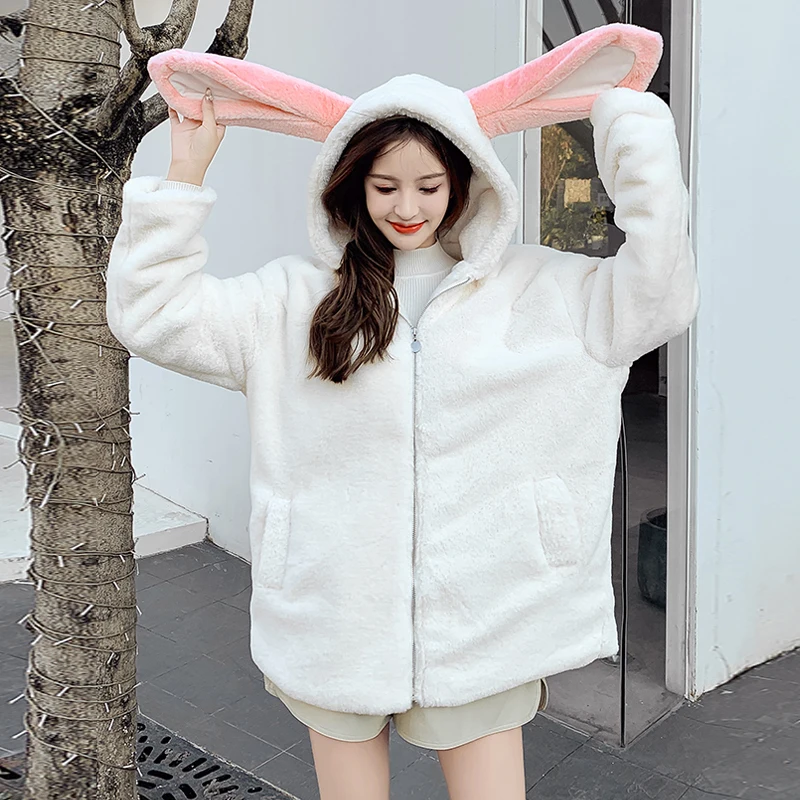 Sweet Cute Rabbit Ears Hooded Jacket Women Winter Furry Teddy Padded Zipper Lolita Coat Soft Faux Lambswool Cardigan Outerwear