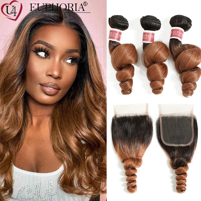 

Ombre Brown Loose Wave Brazilian Remy Human Hair 3 Bundles With Closure Bundles With 4x4 Lace Closure T1B/30 Euphoria