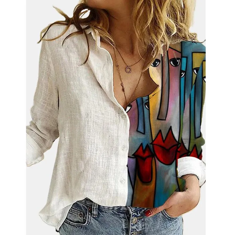

New Women Turn-Down Collar Blouse Shirt Autumn Floral Print Vintage Loose Button Top Plus Size Casual Long Sleeve White