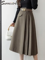 surmiitro 2021 winter fashion woolen korean midi long pleated skirt women mid length high waist skirt a line female with belt