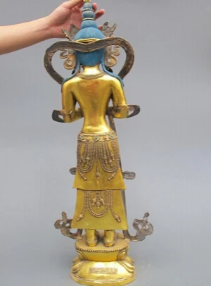 Tibet Refined Bronze Gilt Stand Kwan-Yin guanyin Bodhisattva Buddha statue |
