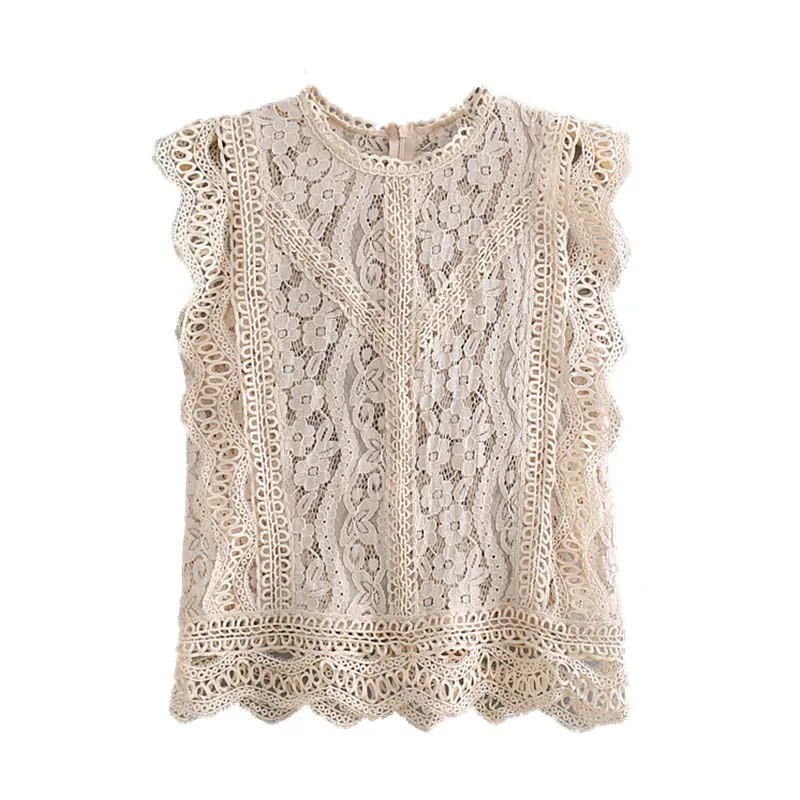 Женские кружевные блузки с рукавом бабочкой открытые бежевые топы пэчворком