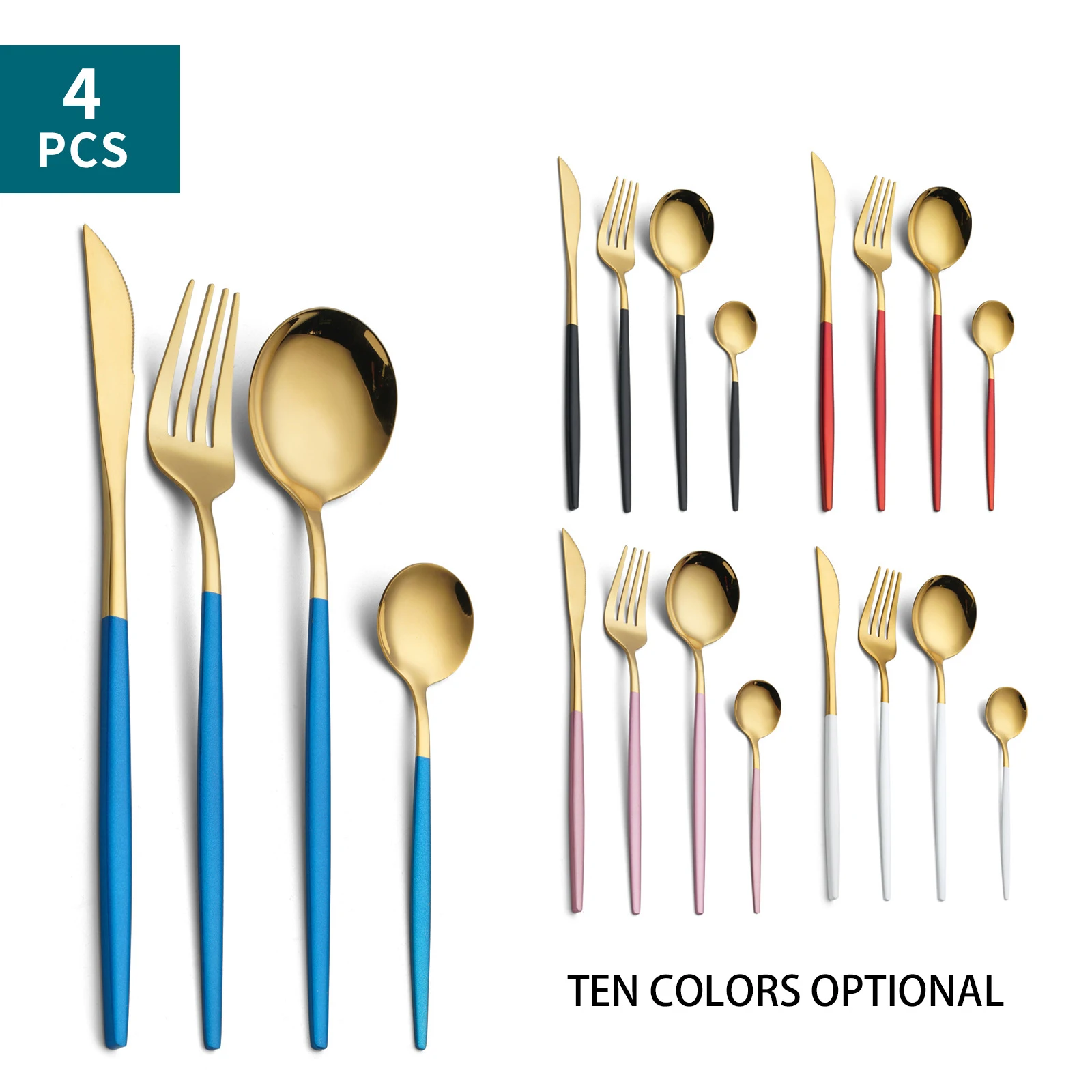 

4PSC Restaurant Cutlery Set Steak Knife Long Handle Fork Spoon Golden Mirror Polished Smooth Stainless Steel Western Tableware