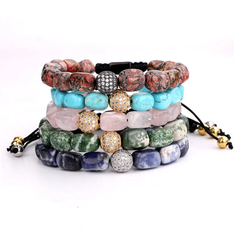 

New Arrival Natural Stone Barrel Shaped CZ Pave Ball Beads Rope Macrame Bracelet Women Jewelry