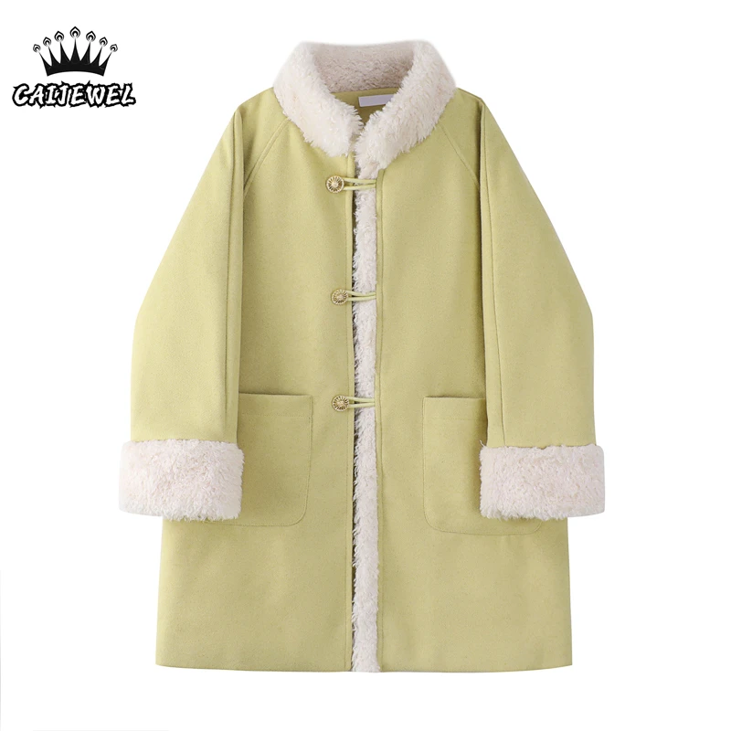 

Lamb Wool Furry Women Jacket Coat Winter Thickened Warm Medium and Long Fashion Stand Collar Baggy Casual Woolen Jacket Outwear