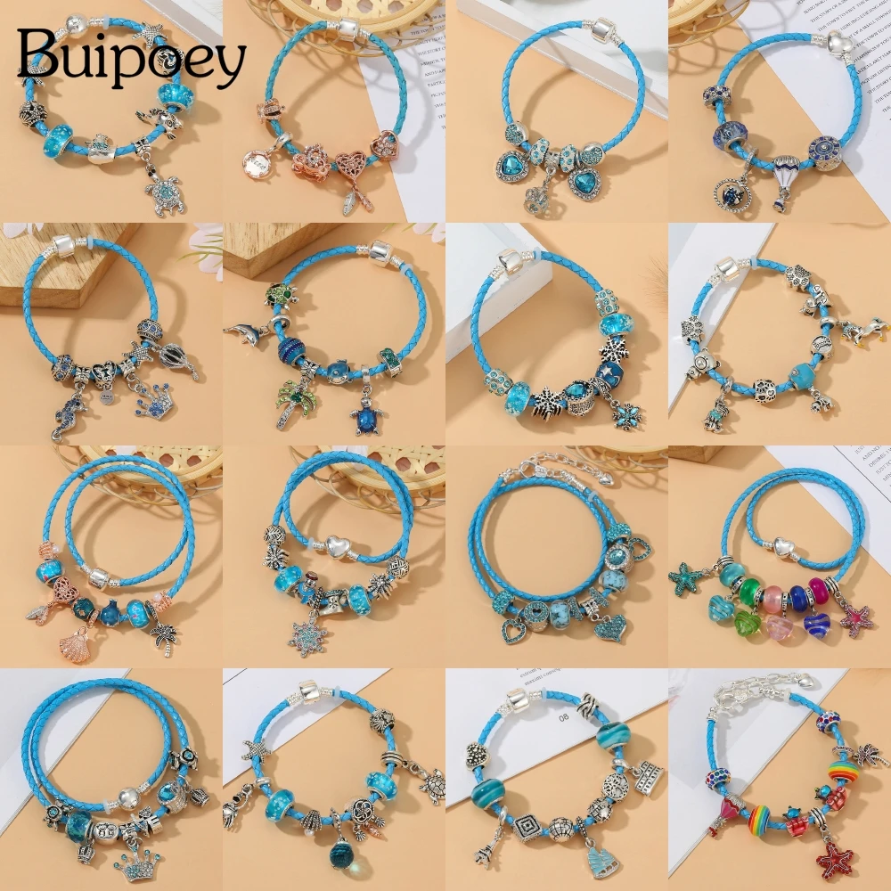 

buipoey Fashion Summer Ocean Style Cyan Leather Bracelets For Women Men Sea Animals Beads Crown Heart Charm Bracelet Souvenir