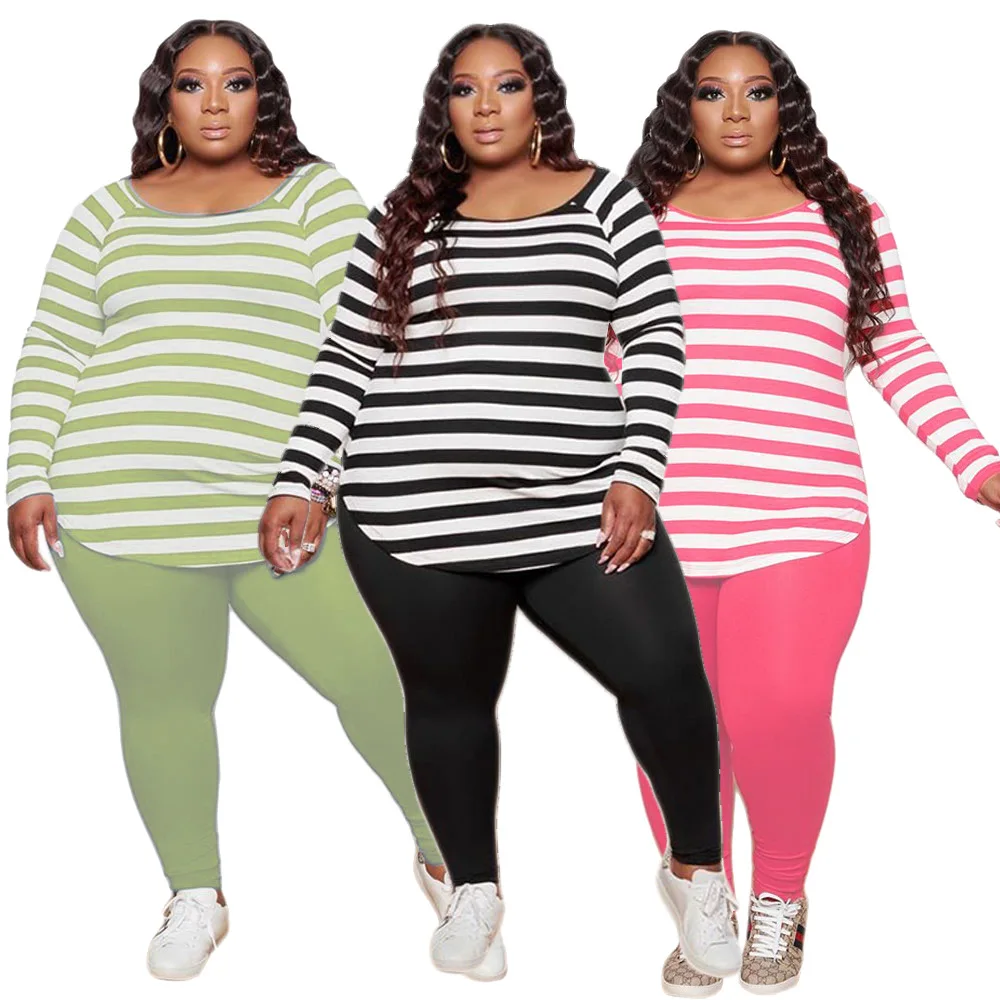 

Plus Size Women Casual Two Piece Sets With Striped Printing Autumn Newest Lady's O-neck Loose Tees + Skinny Leggings Outfits