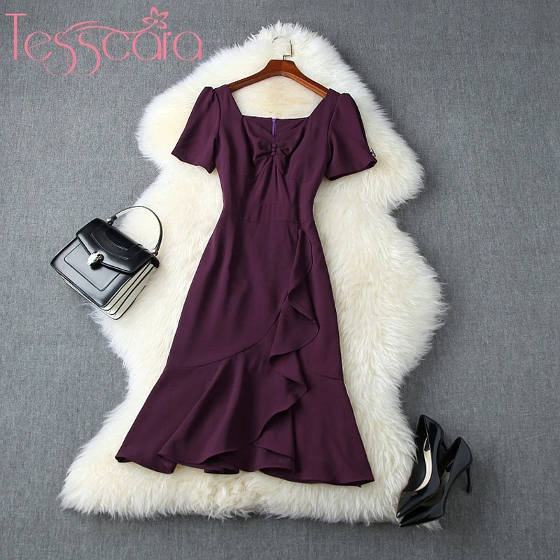 Женское платье с оборками TESSCARA дизайнерское винтажное квадратным вырезом