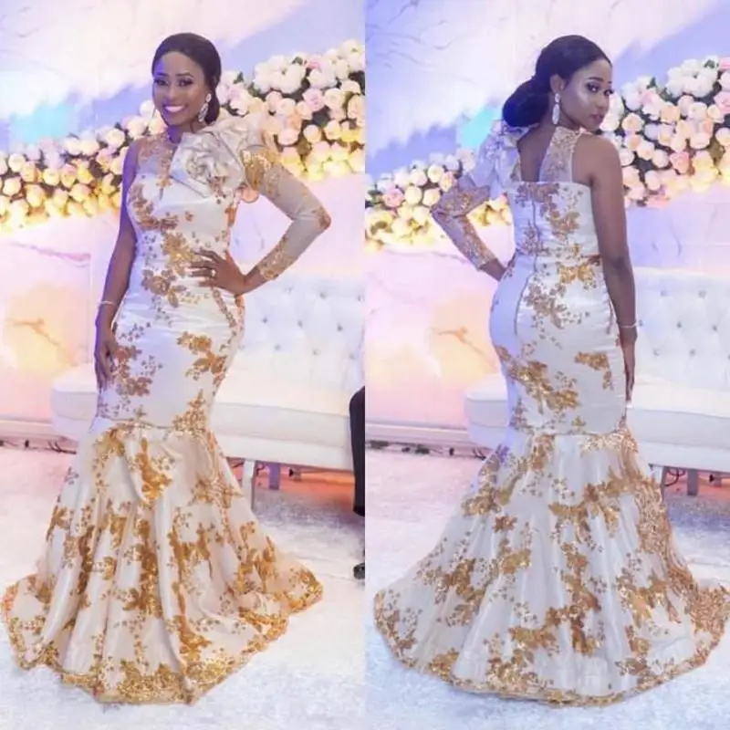 

Arabic Aso Ebi Evening Dresses 2022 One Shoulder Long Sleeve Gold Lace Applique African Nigerian Mermaid Prom Dress Wear