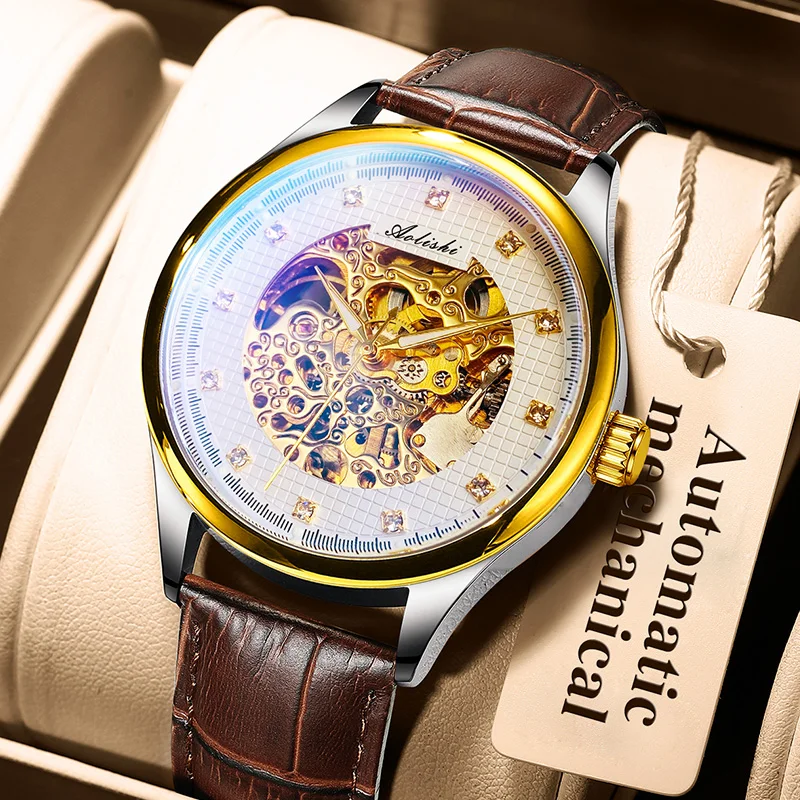 Новинка 2021 Мужские автоматические механические золотистые часы-скелетоны