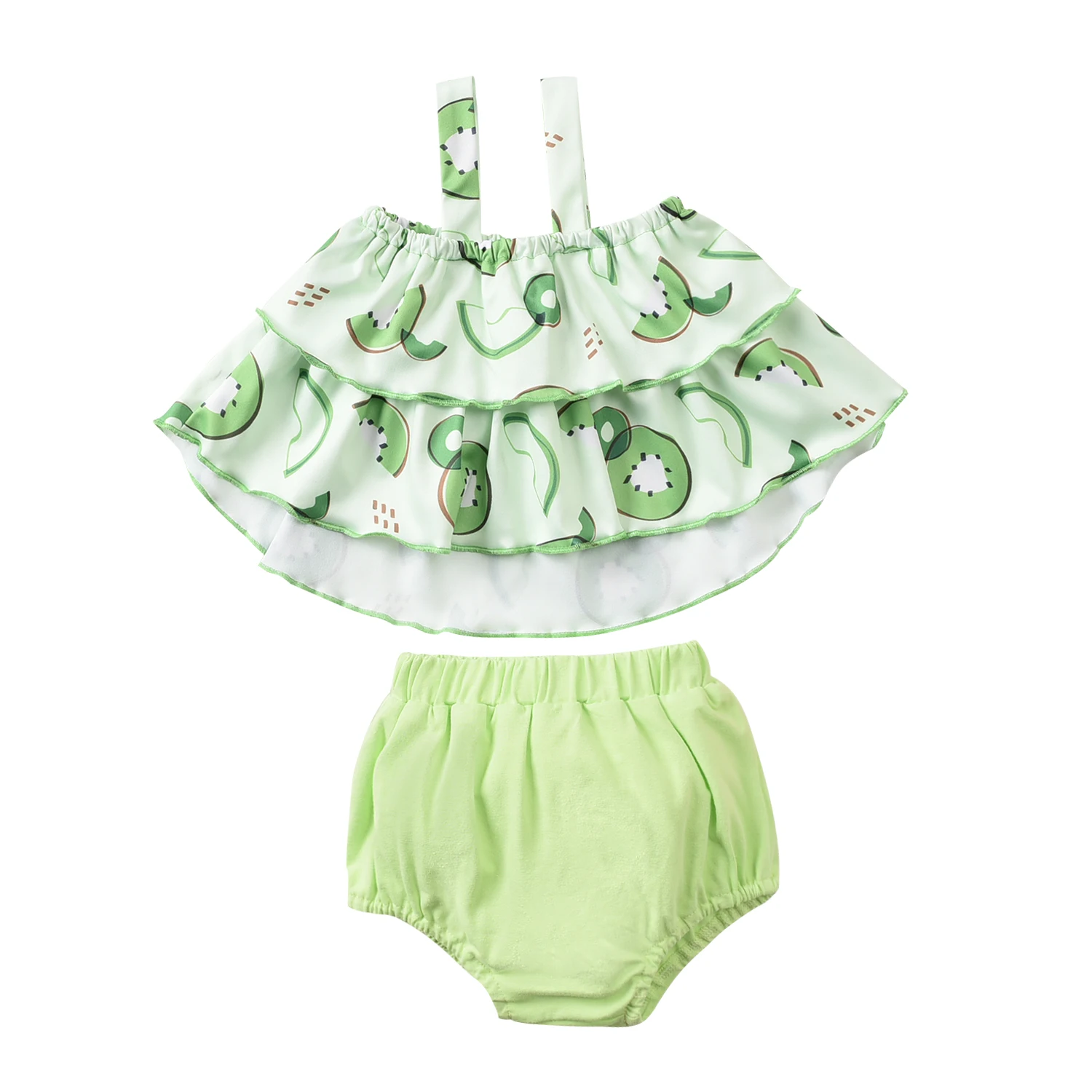 

Летний комплект одежды для маленьких девочек из 2 предметов, топ без рукавов с принтом фруктов и оборками + шорты-шаровары