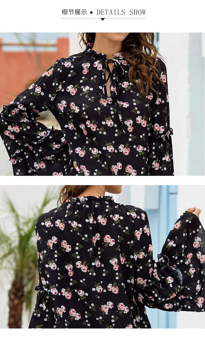 

New Spring Summer Women Tops V-Neck Long Sleeve Loose Women Chiffon Tops Fashion Flare Sleeve Print Casual Polyester Black Tops