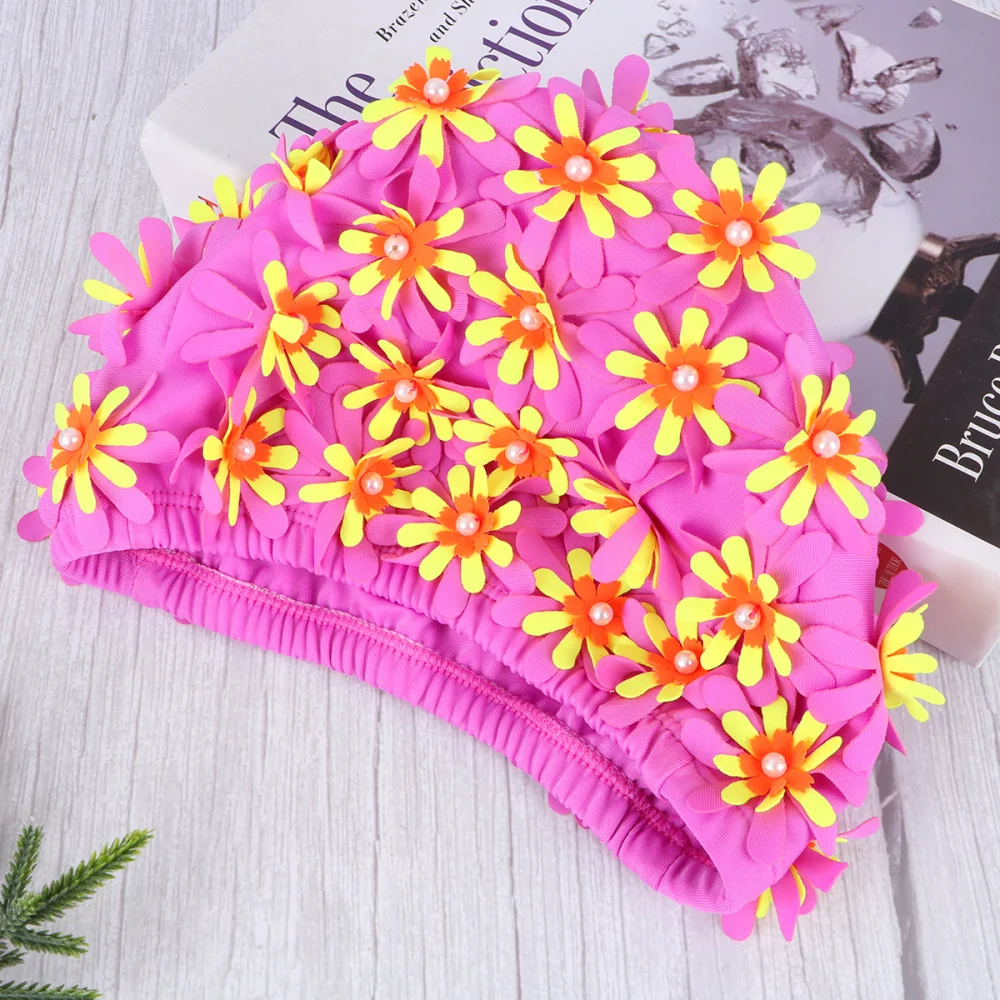 

Adult Swimming Cap Floral Pearl 3D Flower Design Swimming Hat Ear Protection Free Size Bathing Cap (Pink)