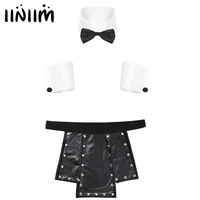 men lingerie set role play costume underwear accessories collar cuffs wetlook faux leather low waist split skirts with studded