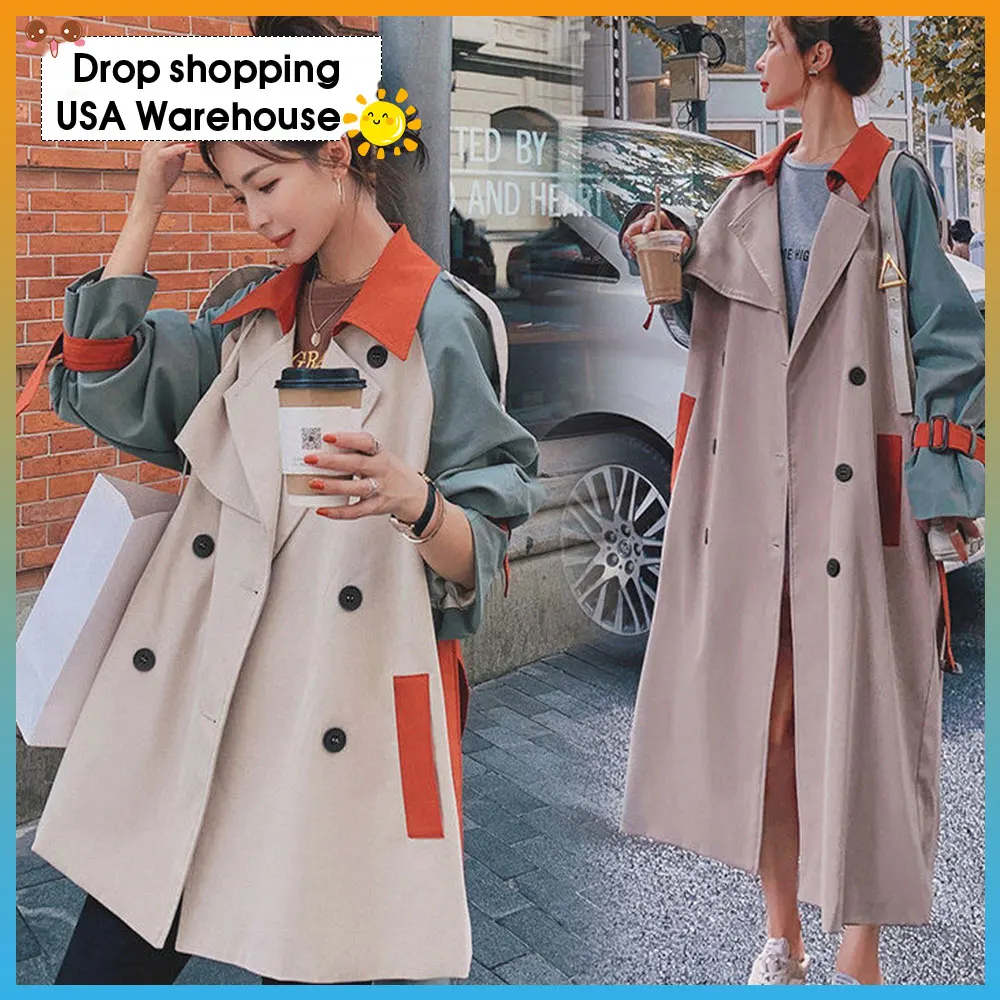 

Large size women's windbreaker women's mid-length British style autumn 2020 new slimming coat women stitching contrast color