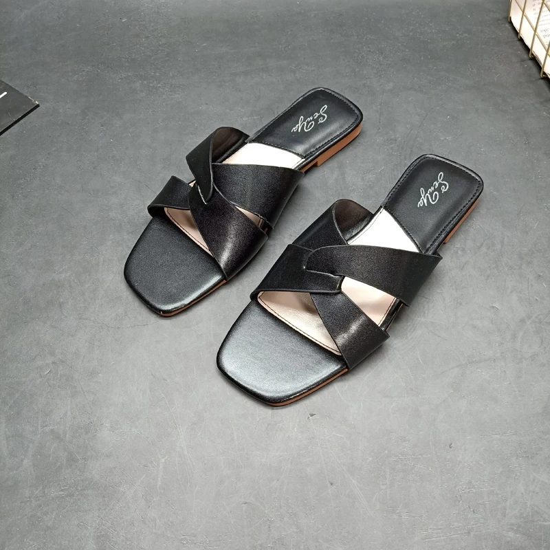 

Shoes Square Toe Big Size Slippers Soft Luxury Slides Comfort Designer Flat Fashion Casual Basic PU Rome Rubber Leisure Slippers