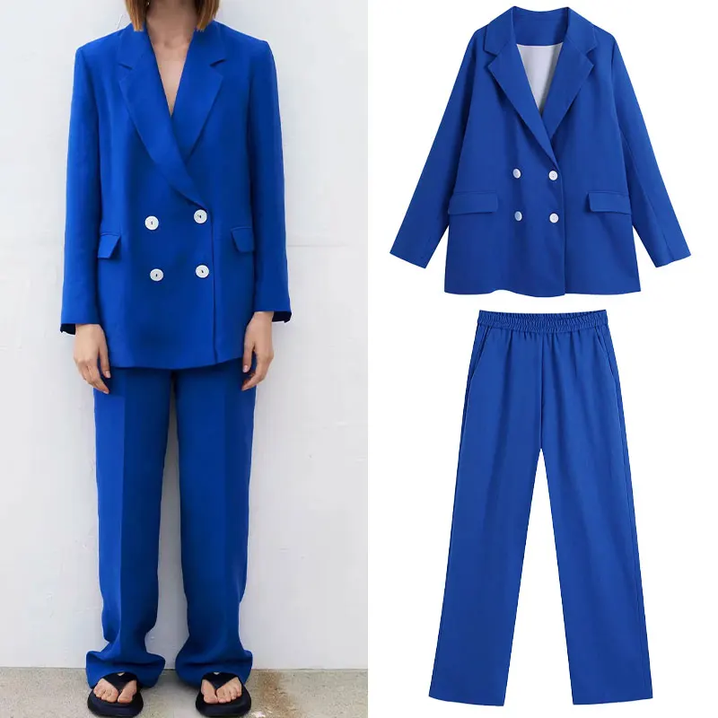 

New Women Sets 2021ZA Spring And Summer long Sleeve Cardigan Blazer Trousers Solid 2 Piece Set Lady Casual Suits Office Clothing