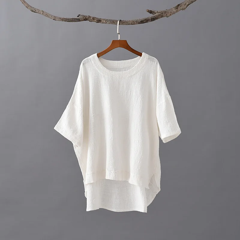 

2021 Spring and Summer New Cotton and Linen Women's Artistic Retro Loose and Plus-sized round Neck Stitching