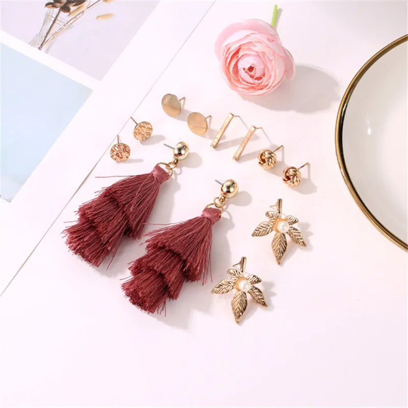 Комплект женских серег с кисточками и листьями 6 предметов|Серьги-подвески| |
