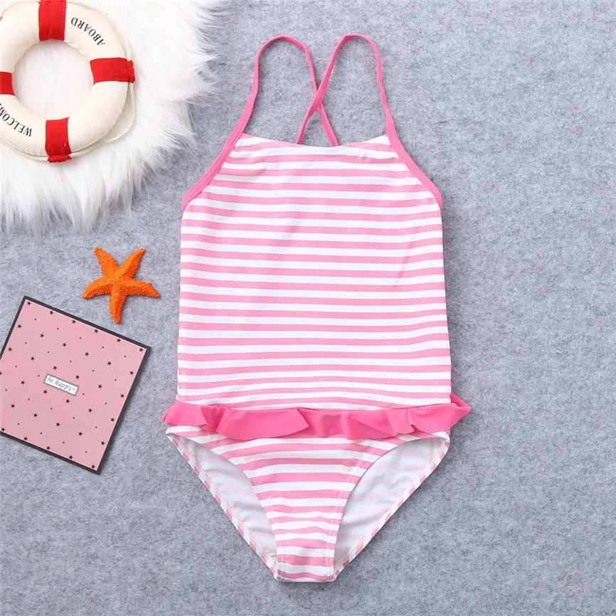 Цельный купальник Милый детский летний в полоску с оборками для девочек Удобные