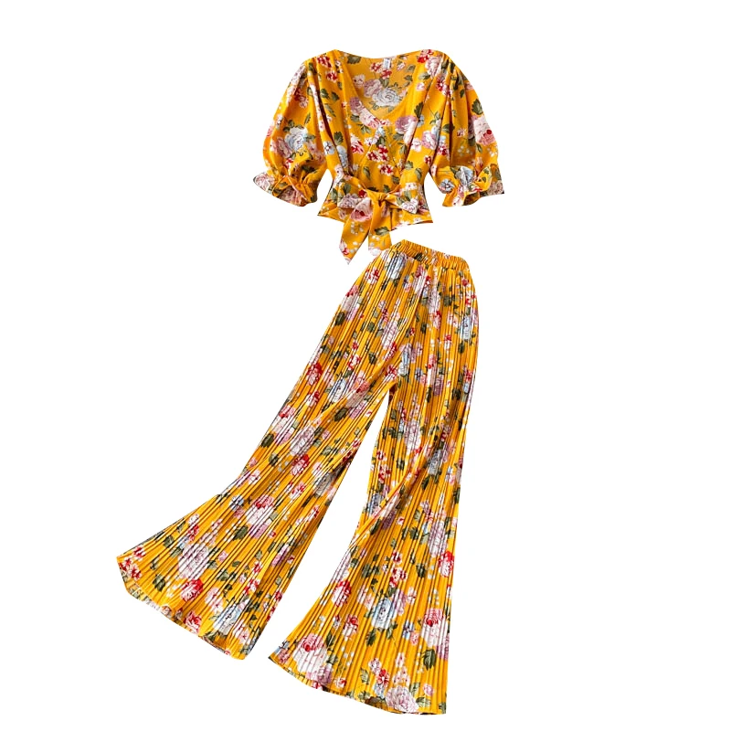 

Women Summer Bohemian Floral Sexy V Neck Puff Sleeve Short Tops+High Waist Pleated Wide Leg Long Pants Elegant Two Pieces Suits