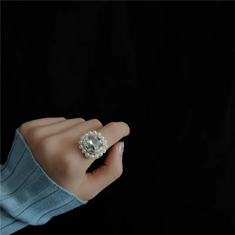 

2021 Kpop Trendy Vintage Goth Colorful Transparent Crystal Pearl Adjustable Metal Rings For Women Egirl Party Aesthetic Jewelry