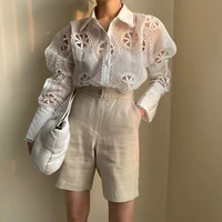 2021 sexy see through women clothing long sleeve loose white top vintage korean hollow out floral embroidery temperament shirt