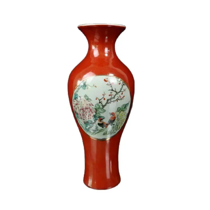 

Chinese Old Porcelain Red Glaze Pastel Flower And Bird Pattern Vase