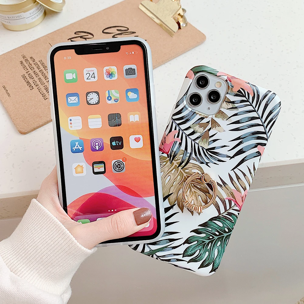 LOVECOM Colorful Banana Leaf Ring Stand Phone Case For iPhone 11 Pro Max XR X XS 7 8 6S Plus Soft IMD Back Cover | Мобильные