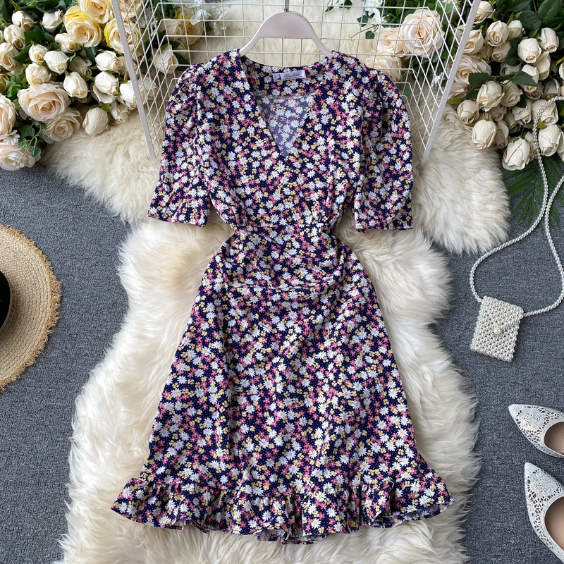 

Floral Print Fashion Mini Dress 2021 Summer Holiday Ruffles Short Sleeve Sundress Women's