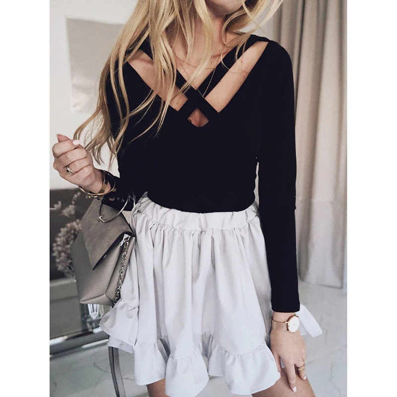 

Женская облегающая футболка с длинным рукавом и V-образным вырезом, однотонная черная Повседневная Базовая блуза с вырезами, модель SJ4629C на ...