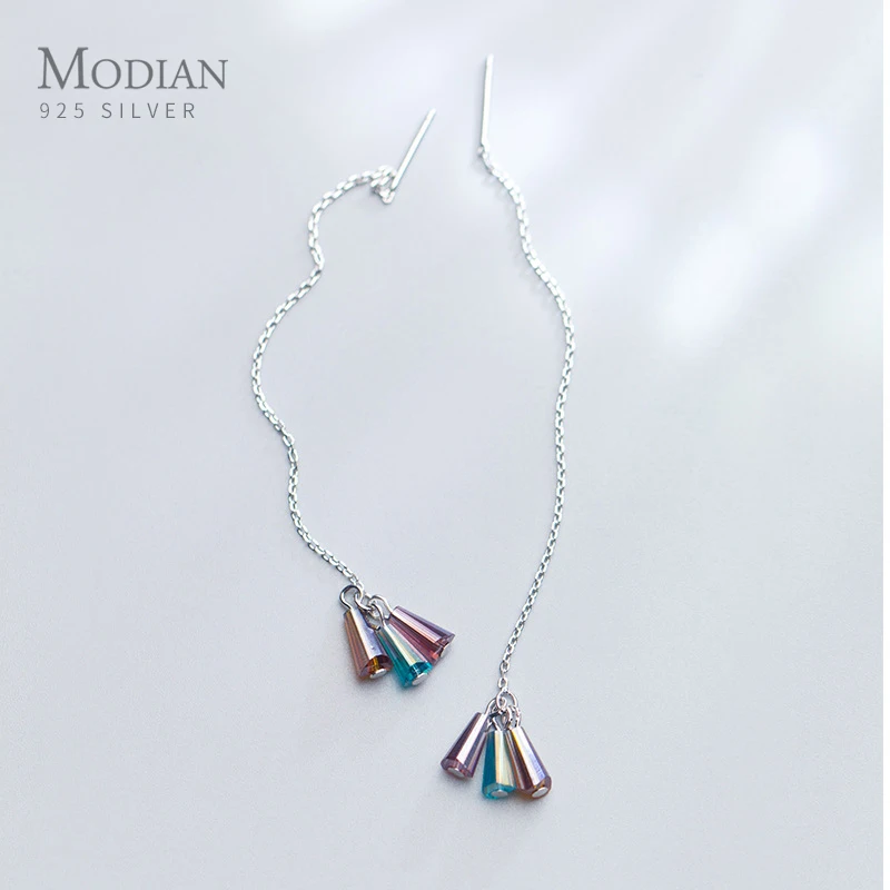

Modian Spring Design Long Chain Drop Earrings for Women Girl Colorful Crystal 925 Sterling Silver Dangle Earing Brincos Bijoux