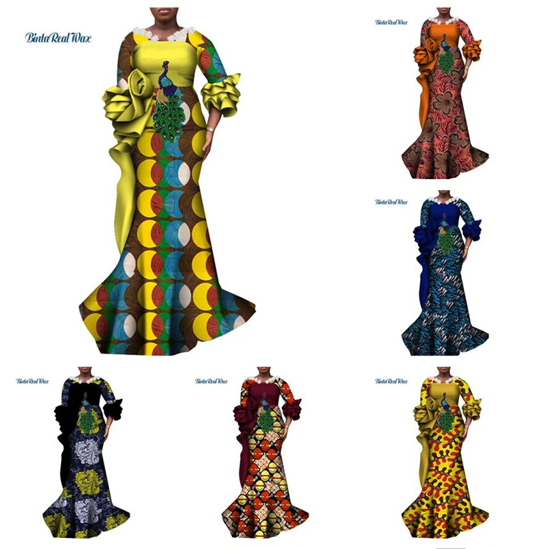 Flare Sleeve African Print Long Dresses for Women Bazin Riche Elegant Wedding Party Dress Vestidos African Women Clothing WY7074