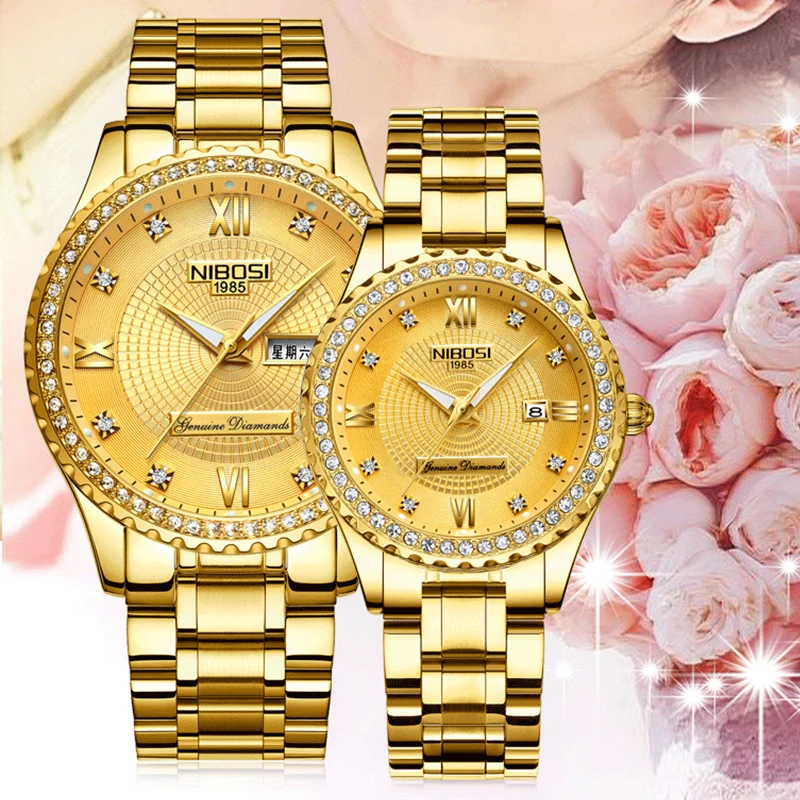 

NIBOSI Lovers Watch Men Watches Top Brand Luxury Women Watch Gold Quartz Gift Clock Ladies Wristwatch