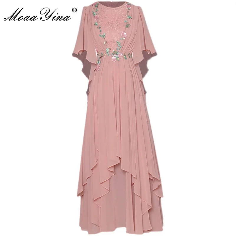 

MoaaYina Fashion Designer dress Summer Women's Dress O-Neck Butterfly Sleeve Flower embroidery Chiffon Pink Midi Dress