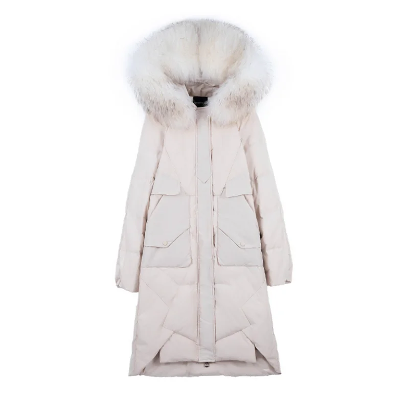 

women newest hooded long duck down jackets with big fur collar female loose fashion Korean style coat popular jackets for lady