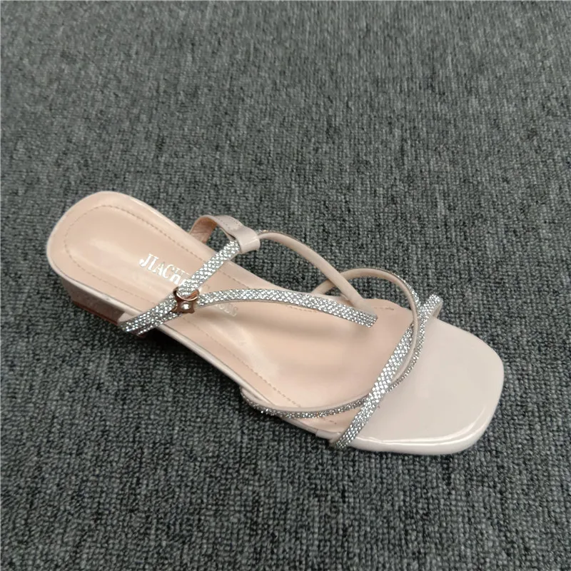 

Rhinestone Sandals 2021 Women's Ankle Strap Clear Heels Female Shoe Med New Block Girls Medium Summer Fashion Beige Real