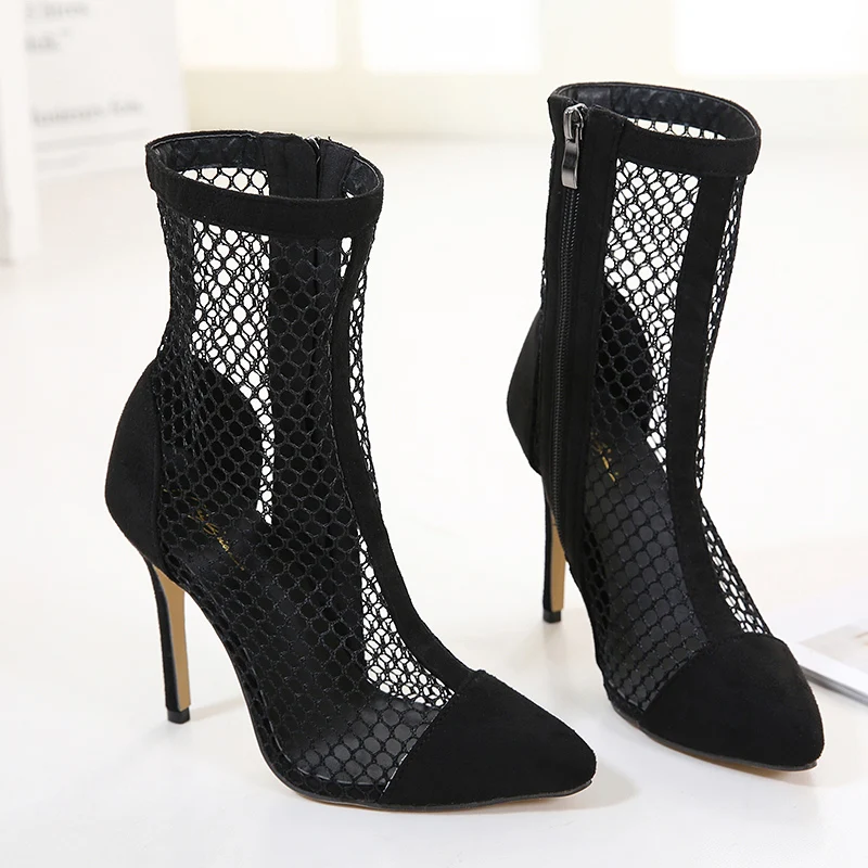 

NIUFUNI Sexy Black Mesh Hollow Small Pointed Toe Women's Cool Boots Ultra-fine High-heeled Nude Boots Rear Zipper Women's Boots