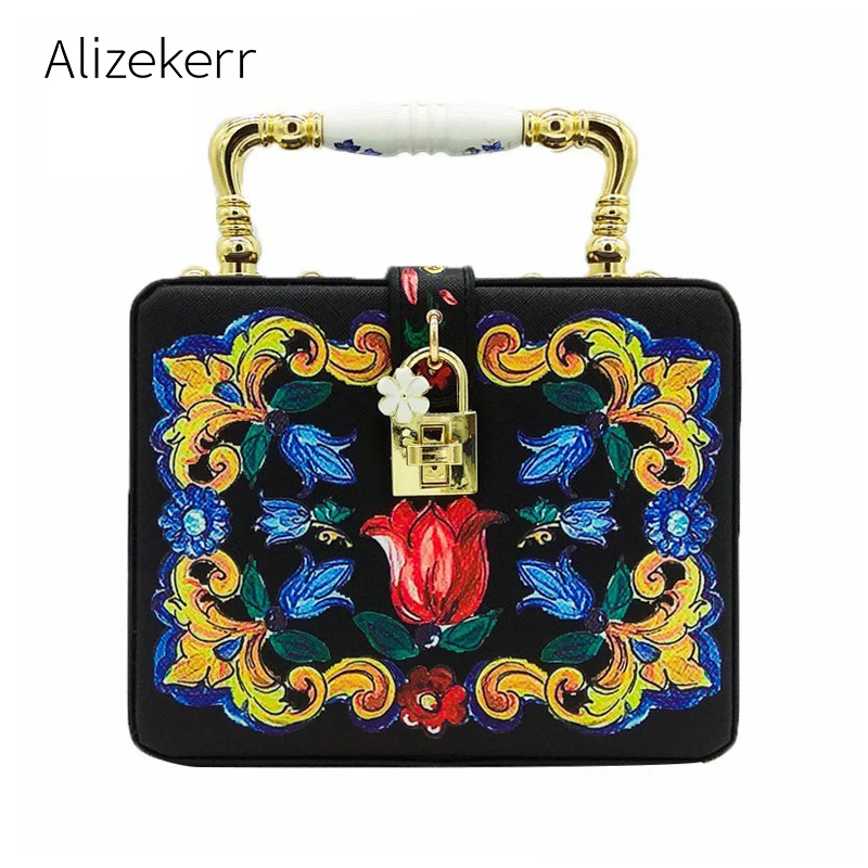 

Женская сумочка с цветочным принтом, маленький квадратный вечерний клатч с керамической ручкой и замком, креативный чемоданчик-мессенджер