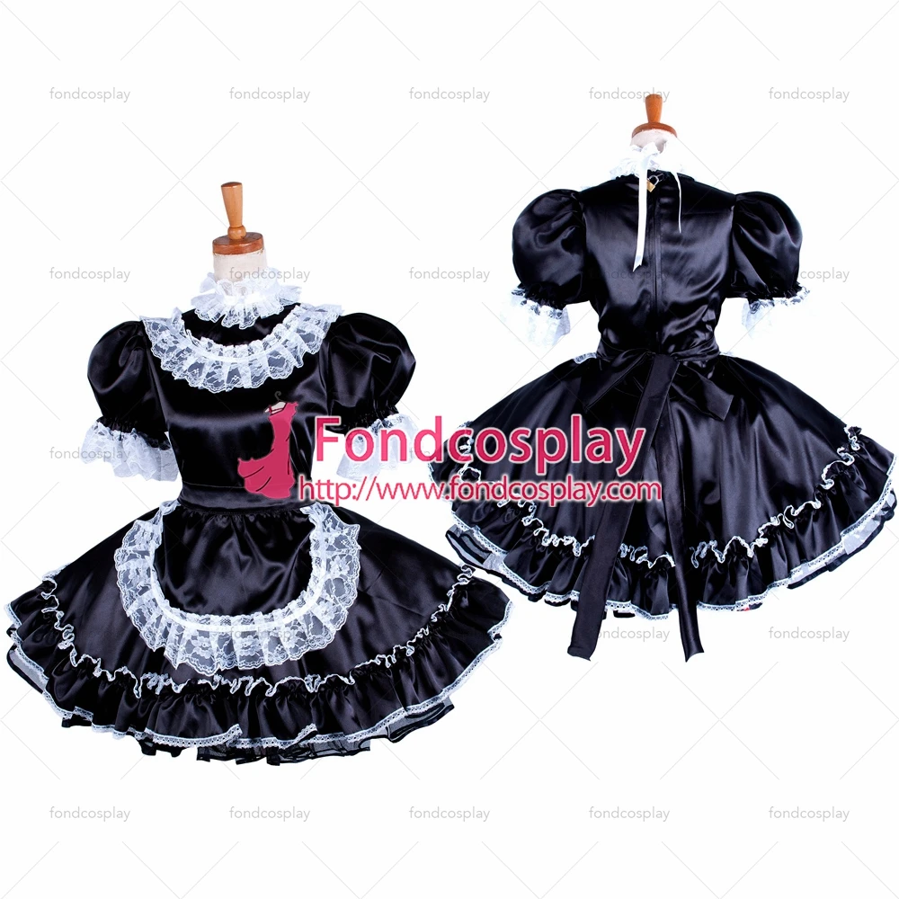 

fondcosplay adult sexy cross dressing sissy maid short lockable black Satin dress Uniform apron costume Tailor-made[G1576]