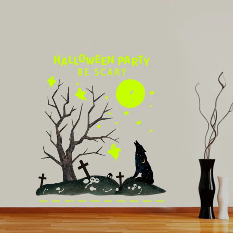 Хэллоуин Moon Wolf Cemetery Светящиеся Настенные наклейки для гостиной украшения окна